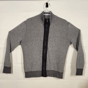 Guess Men's Grey Ribbed Full-Zip Sweater with Black Trim